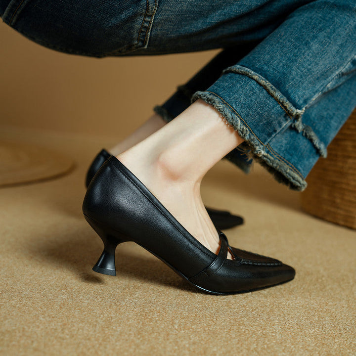 Women's Genuine Leather Pointed Toe Pumps – Woven Strap Kitten Heel