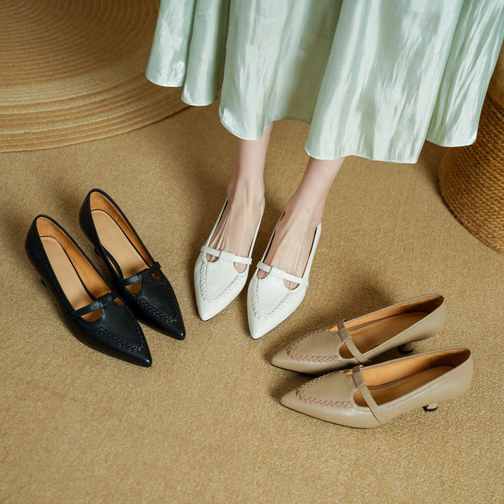Women's Genuine Leather Pointed Toe Pumps – Woven Strap Kitten Heel