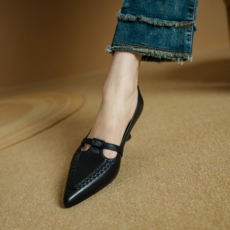Women's Genuine Leather Pointed Toe Pumps – Woven Strap Kitten Heel