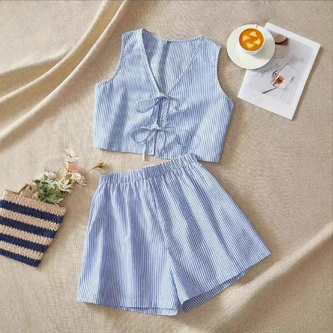 Women's Two Piece Set – Tie-Front Crop Top & High-Waist Shorts