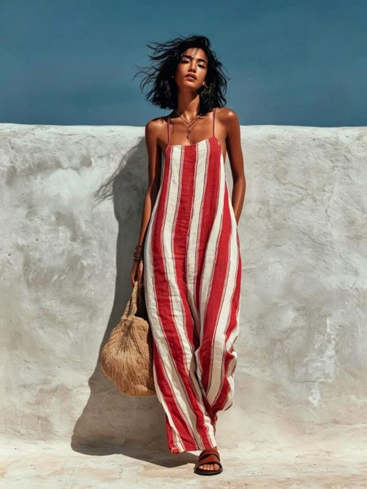 Women's Striped Halter Wide Leg Jumpsuit – Sleeveless High Waist