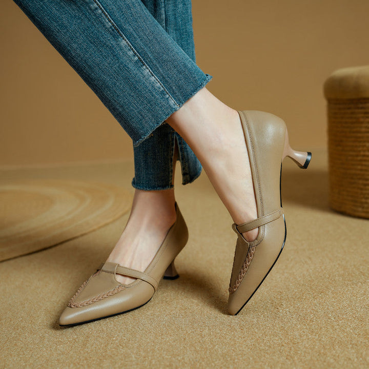 Women's Genuine Leather Pointed Toe Pumps – Woven Strap Kitten Heel