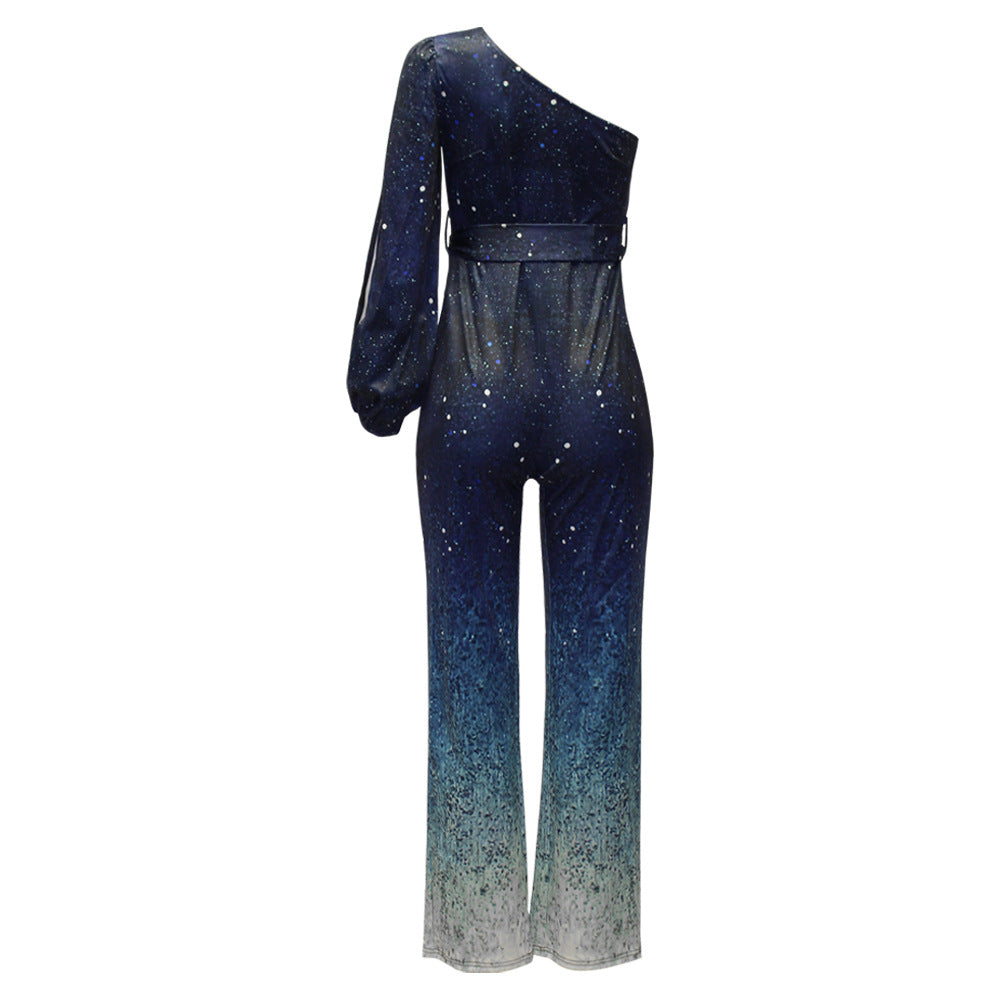 Women's One-Shoulder Disco Jumpsuit – Wide Leg Ombre Retro 70s Style
