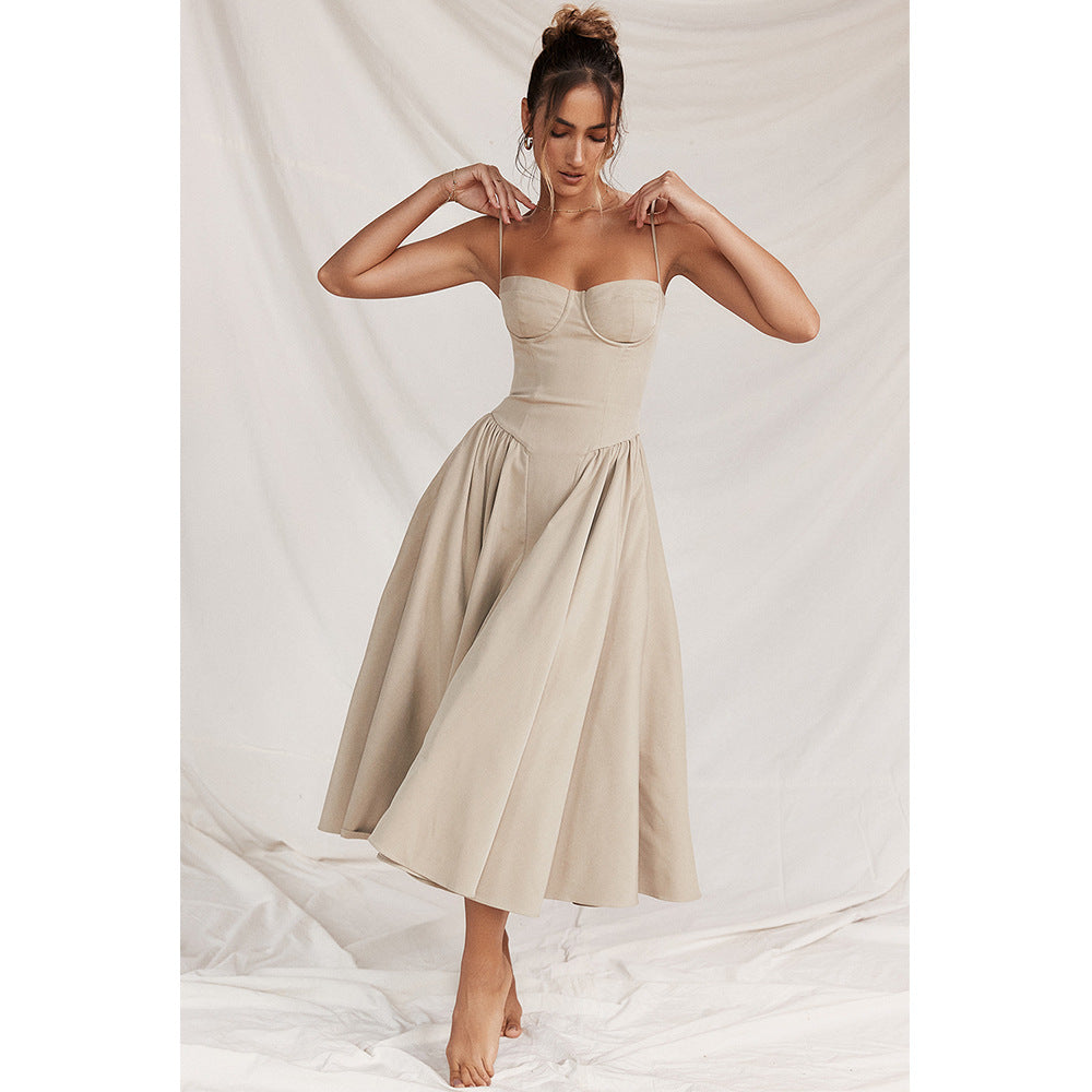 Women's Corset Bodice Midi Dress – Adjustable Straps Fitted Structured