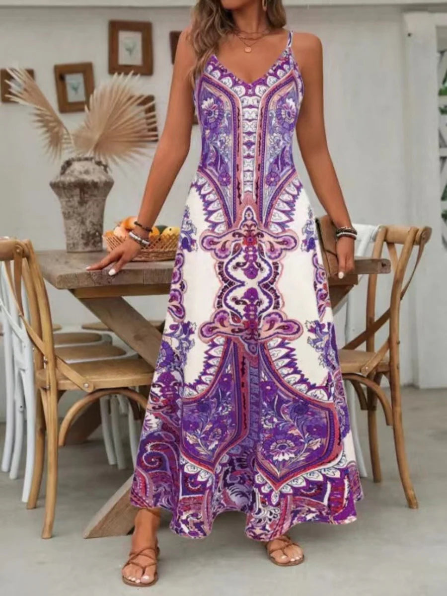 Boho Maxi Dress Spaghetti Strap – Mandala Print Flowy Fit