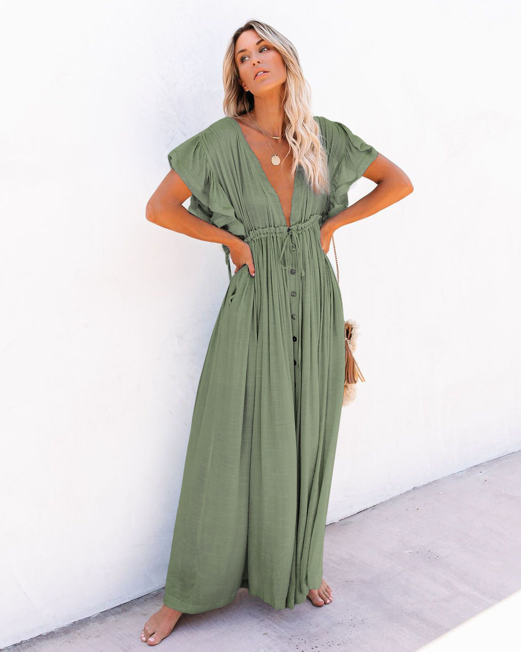 Women's Boho Button Front Maxi Dress V-Neck – Flowing Summer