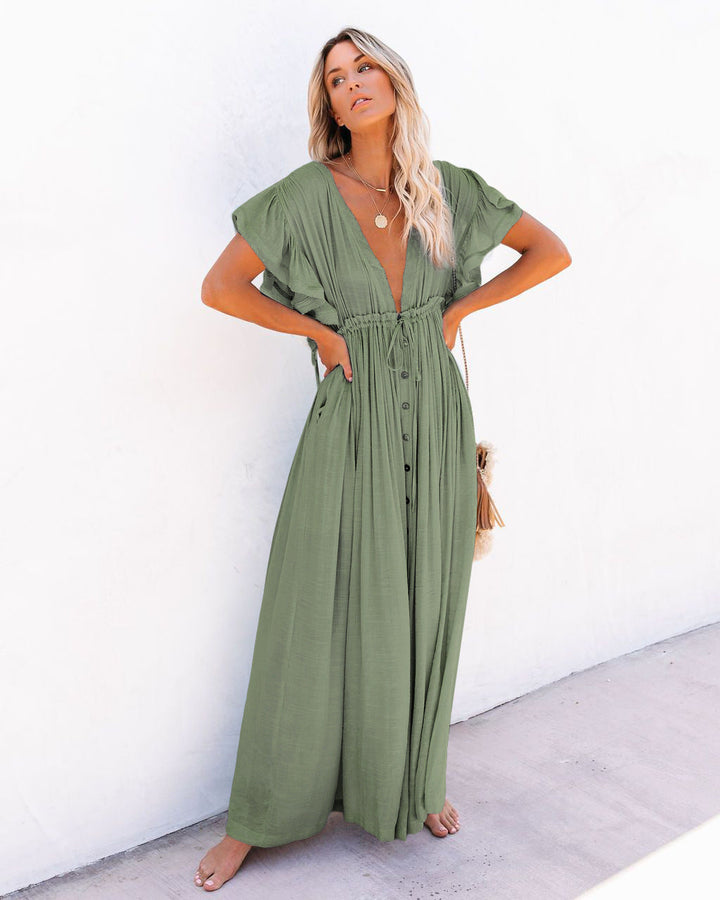 Women's Boho Button Front Maxi Dress V-Neck – Flowing Summer