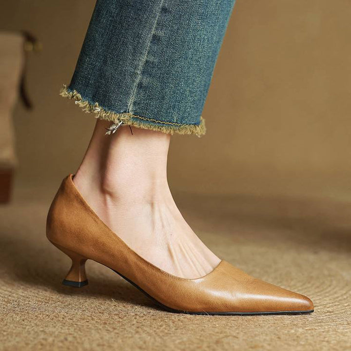 Women's Leather Pointed Toe Kitten Heel Pumps – Foam Padded Insole