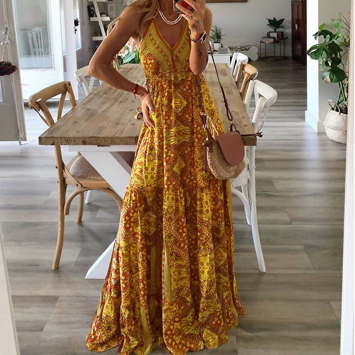Women's Boho V-Neck Maxi Dress Spaghetti Straps – Flowy Draped