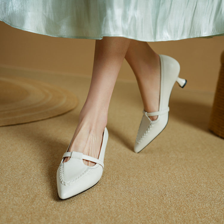 Women's Genuine Leather Pointed Toe Pumps – Woven Strap Kitten Heel
