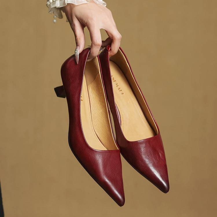 Women's Leather Pointed Toe Kitten Heel Pumps – Foam Padded Insole
