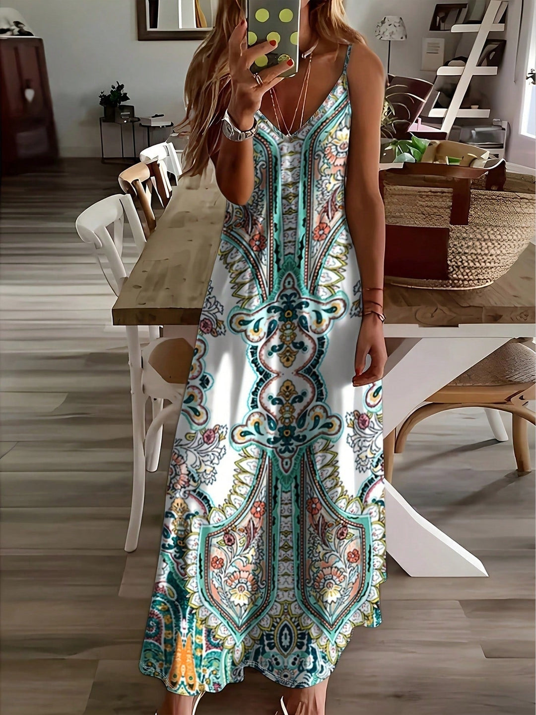 Boho Maxi Dress Spaghetti Strap – Mandala Print Flowy Fit