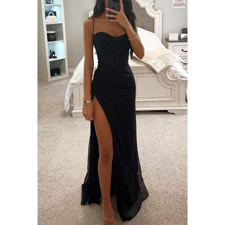 Glitter Maxi Dress – Rose Split Hem Evening
