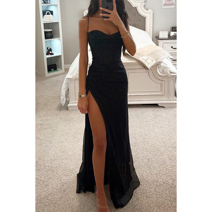 Glitter Maxi Dress – Rose Split Hem Evening