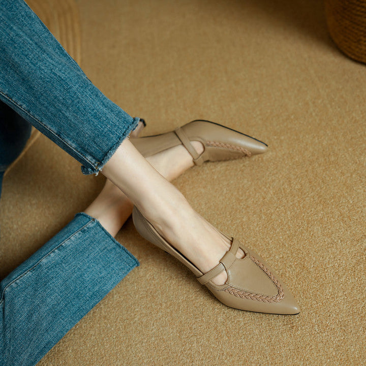 Women's Genuine Leather Pointed Toe Pumps – Woven Strap Kitten Heel