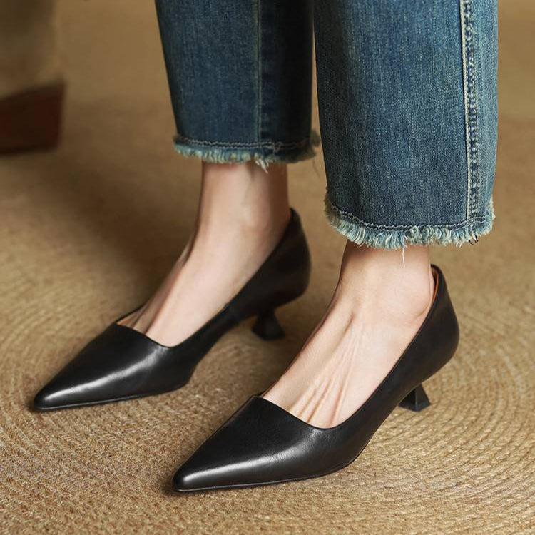 Women's Leather Pointed Toe Kitten Heel Pumps – Foam Padded Insole
