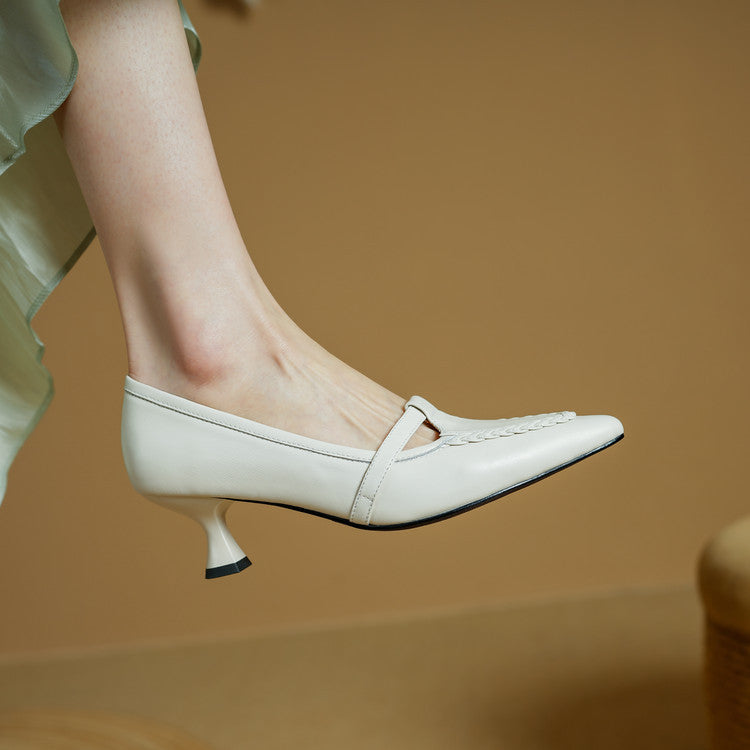 Women's Genuine Leather Pointed Toe Pumps – Woven Strap Kitten Heel