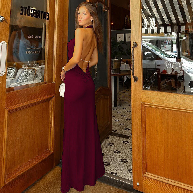 Women's Halter Neck Maxi Dress – Cowl Drape Backless Design