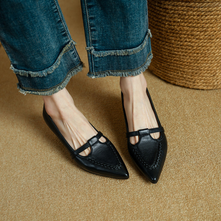 Women's Genuine Leather Pointed Toe Pumps – Woven Strap Kitten Heel