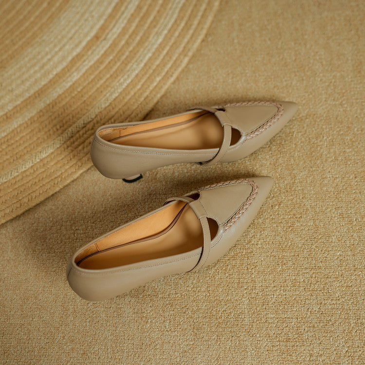 Women's Genuine Leather Pointed Toe Pumps – Woven Strap Kitten Heel