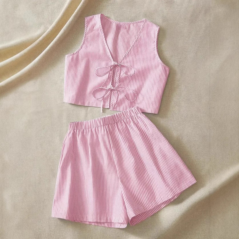 Women's Two Piece Set – Tie-Front Crop Top & High-Waist Shorts