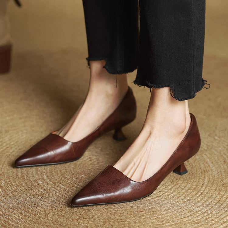 Women's Leather Pointed Toe Kitten Heel Pumps – Foam Padded Insole