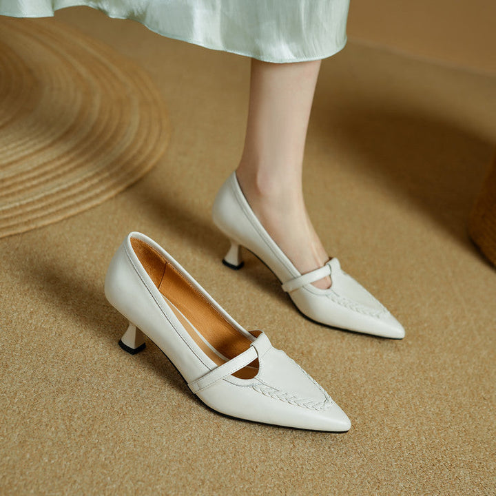 Women's Genuine Leather Pointed Toe Pumps – Woven Strap Kitten Heel