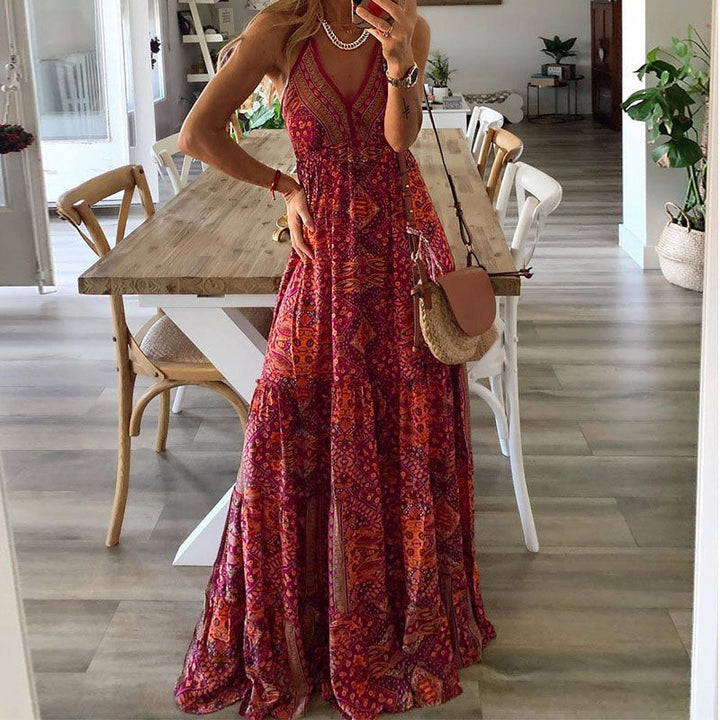 Women's Boho V-Neck Maxi Dress Spaghetti Straps – Flowy Draped