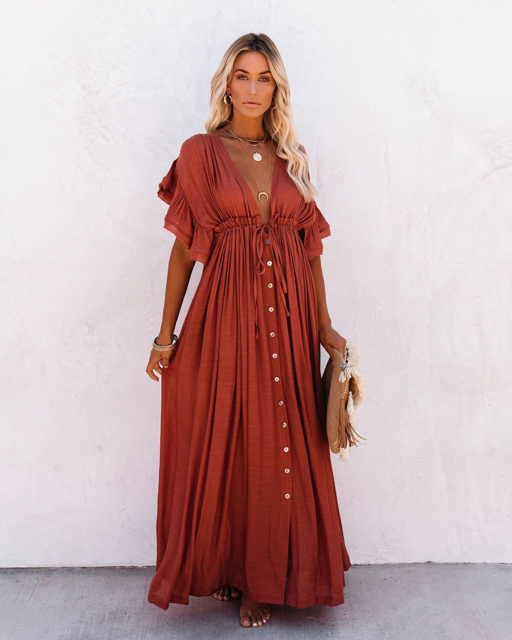 Women's Boho Button Front Maxi Dress V-Neck – Flowing Summer