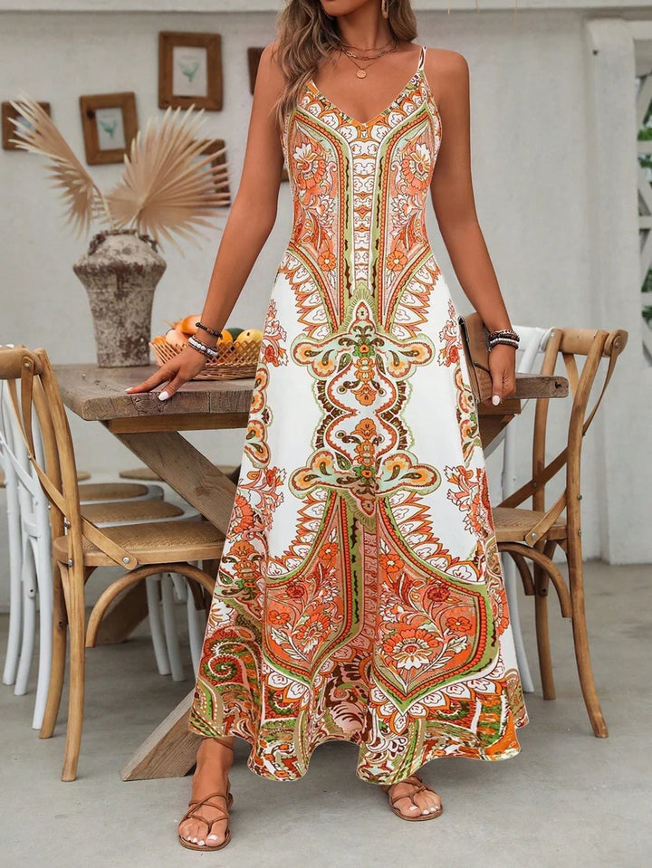 Boho Maxi Dress Spaghetti Strap – Mandala Print Flowy Fit