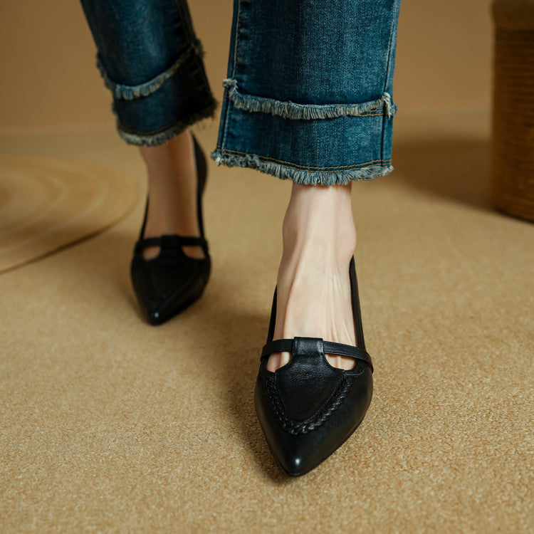 Women's Genuine Leather Pointed Toe Pumps – Woven Strap Kitten Heel