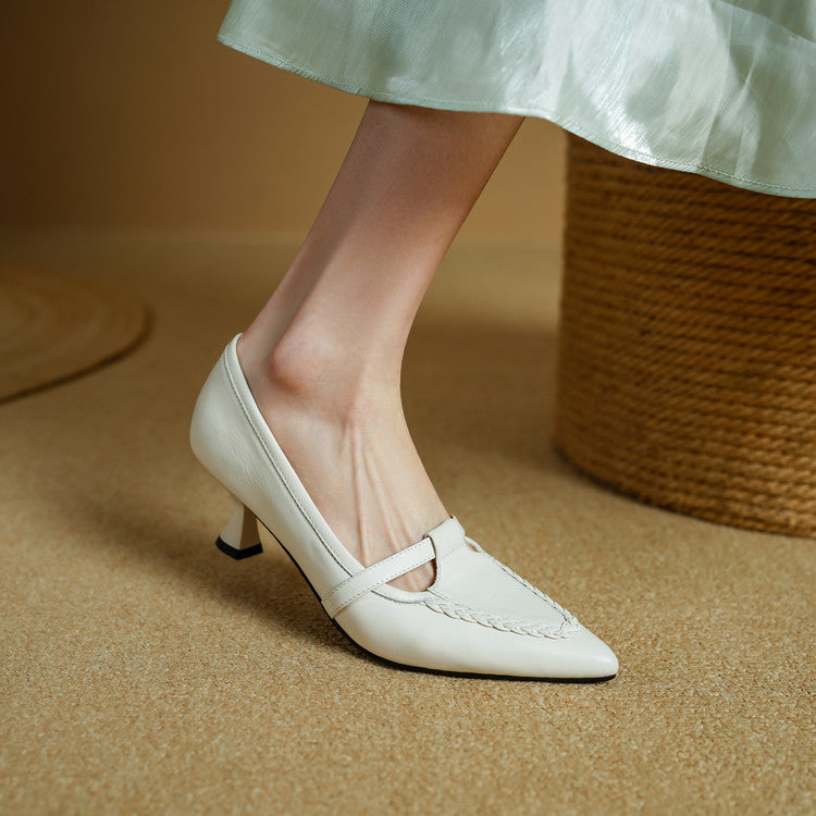 Women's Genuine Leather Pointed Toe Pumps – Woven Strap Kitten Heel