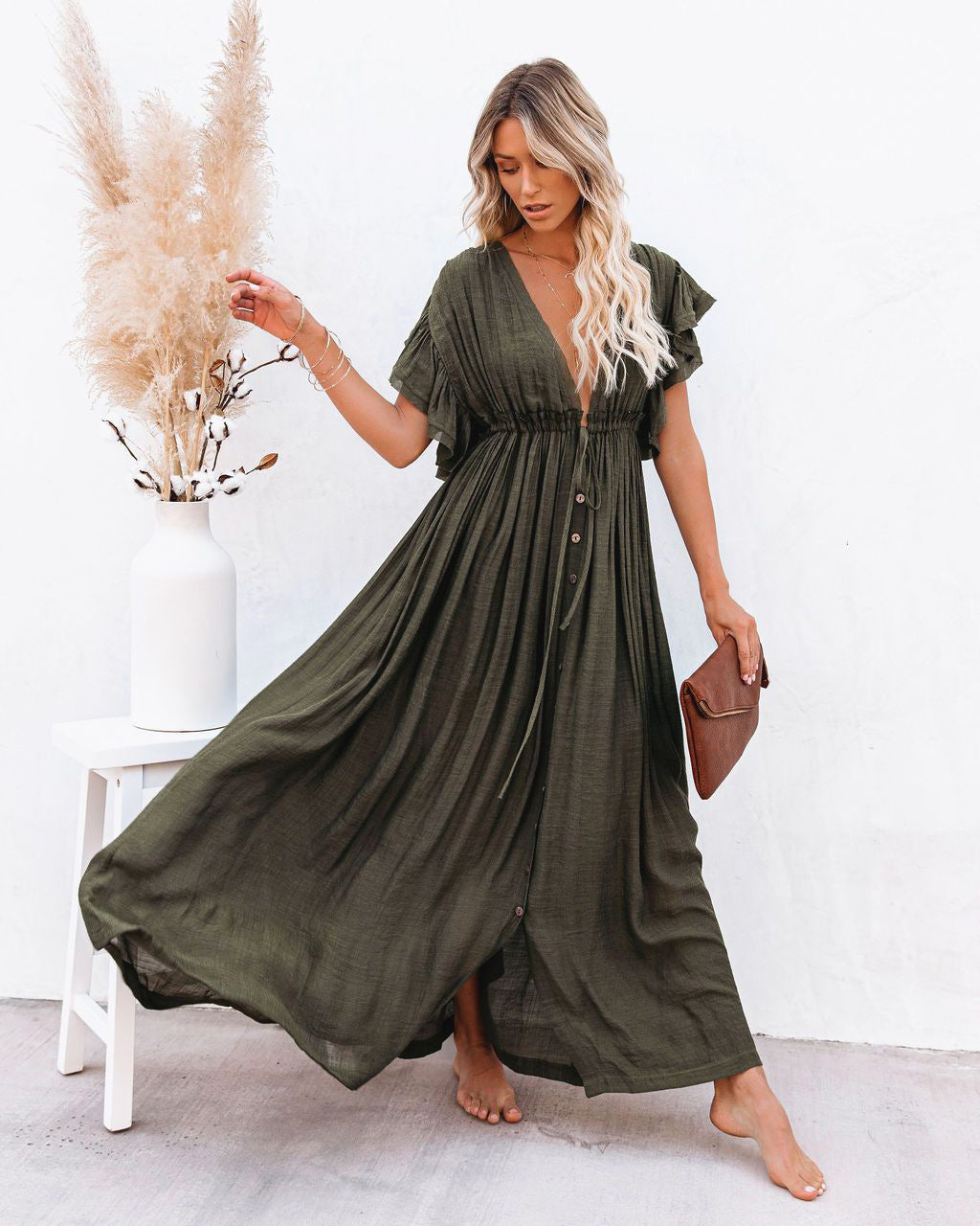Women's Boho Button Front Maxi Dress V-Neck – Flowing Summer