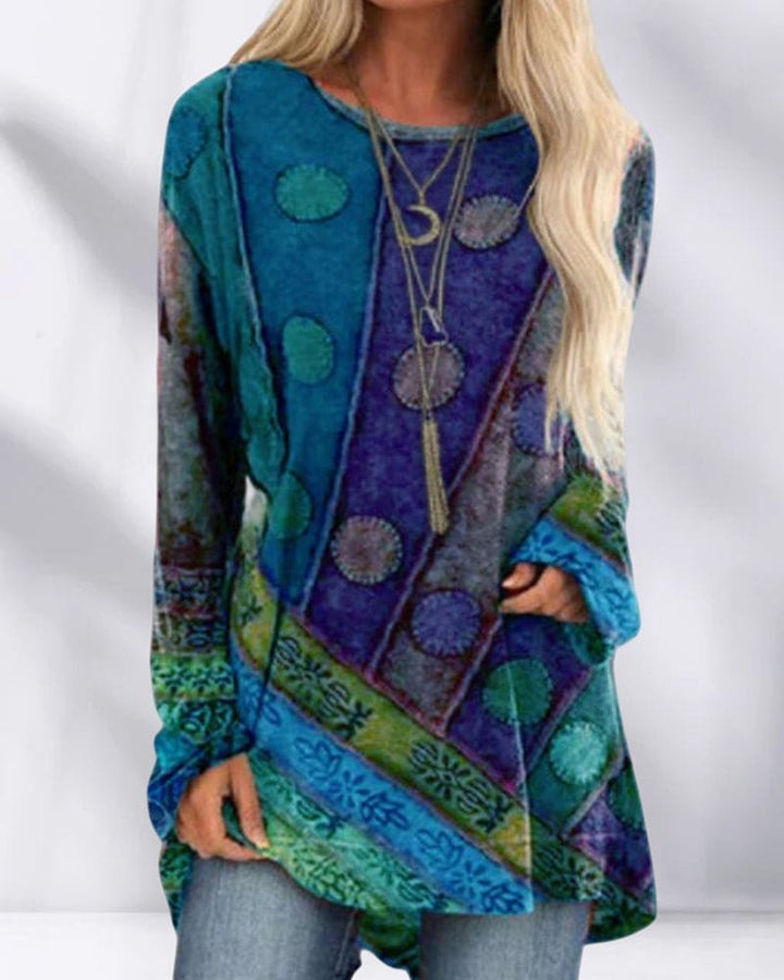 Boho Long Sleeve Oversized Top – Ethno Patchwork Print