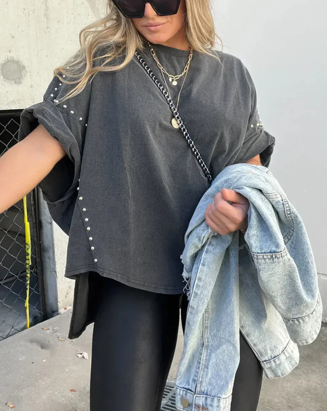 Oversized Women's T-Shirt | Stud-Detail Boyfriend Fit Top