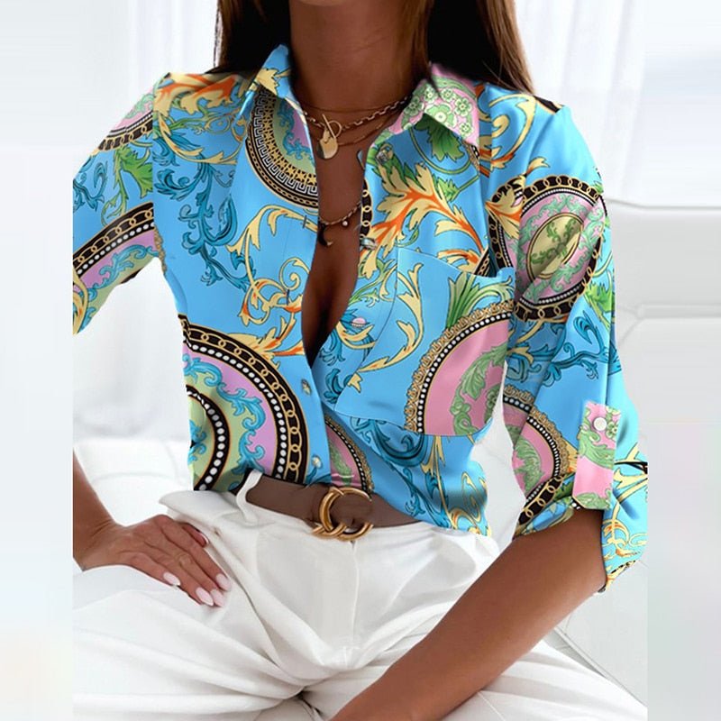 Women's Printed Short Sleeve Blouse – Collared Button-Front Relaxed