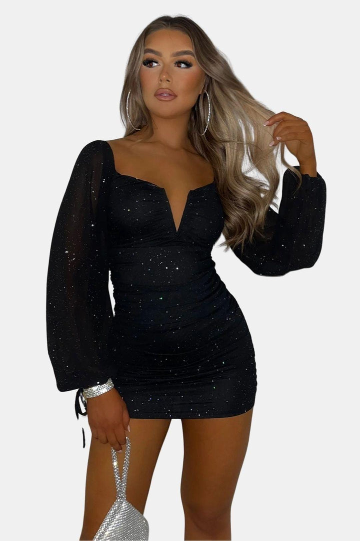 Long Sleeve Bodycon Mini Dress – Heart Neckline & Sheer Sleeves