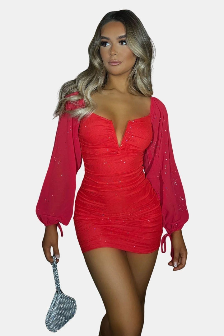 Long Sleeve Bodycon Mini Dress – Heart Neckline & Sheer Sleeves