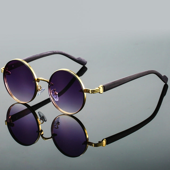 Round Tinted Sunglasses – Metal Frames with Wood-Effect Temples