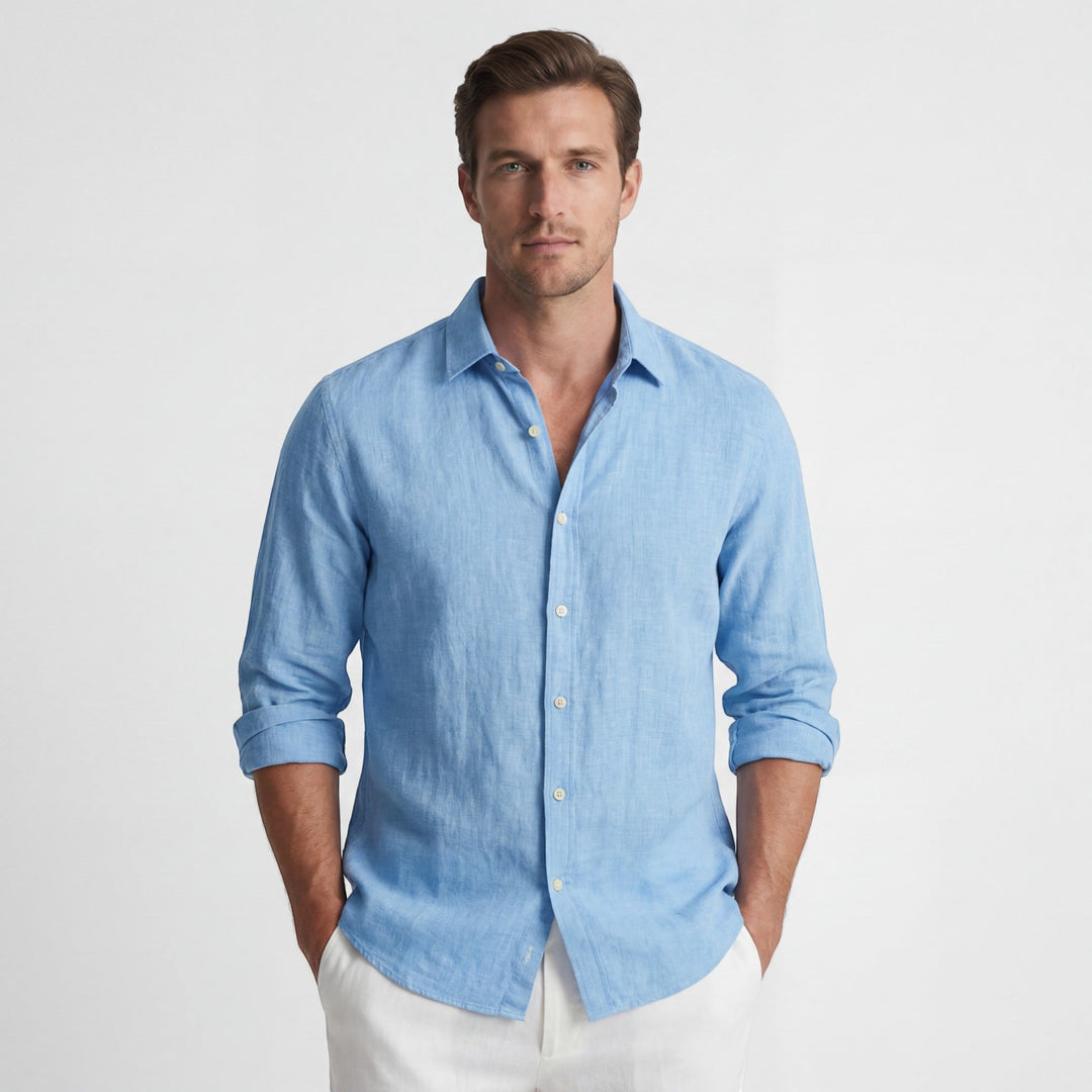 Men's Cotton Blend Long Sleeve Shirt – Relaxed Linen-Effect Breathable