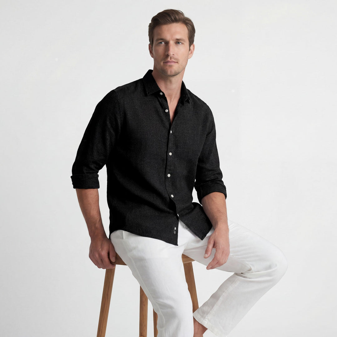 Men's Cotton Blend Long Sleeve Shirt – Relaxed Linen-Effect Breathable