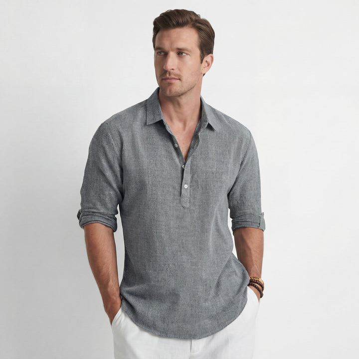 Men's Cotton Blend Long Sleeve Shirt – Relaxed Linen-Effect Breathable