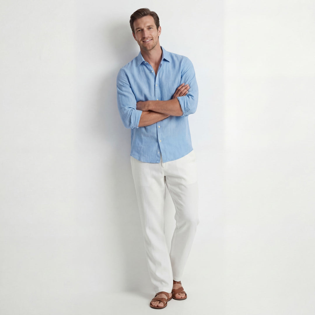 Men's Cotton Blend Long Sleeve Shirt – Relaxed Linen-Effect Breathable