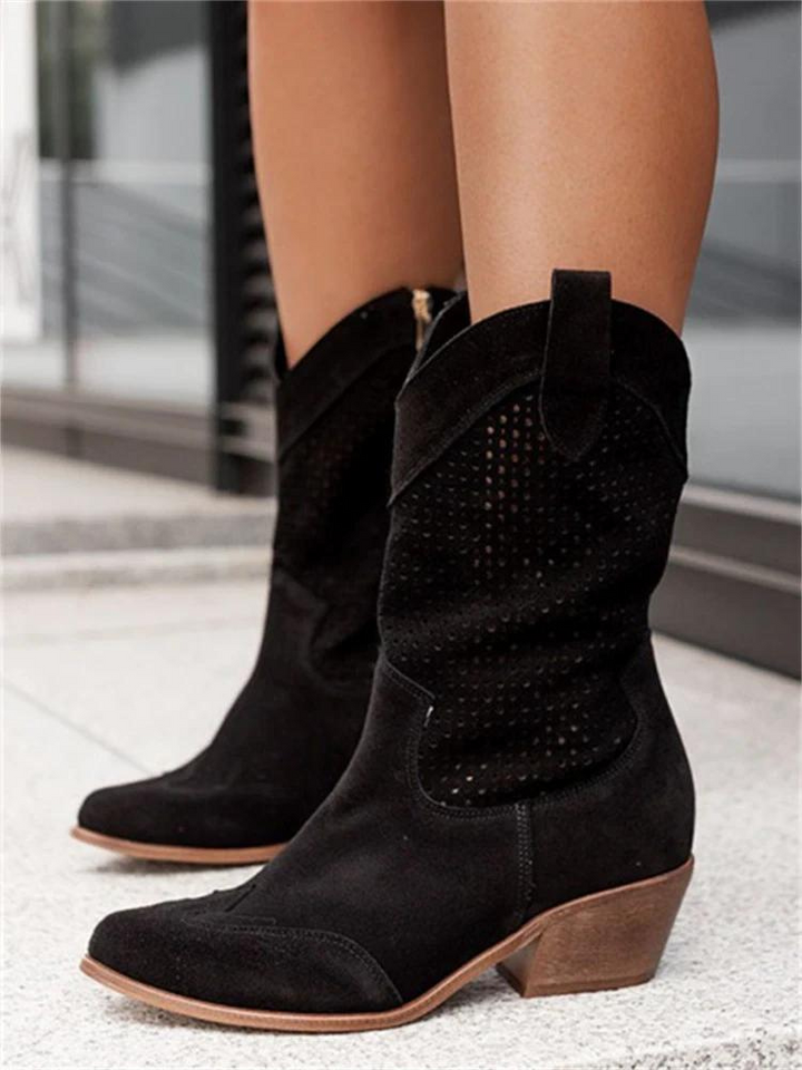 Women's Suede Leather Cowboy Boots Block Heel – Western Perforated