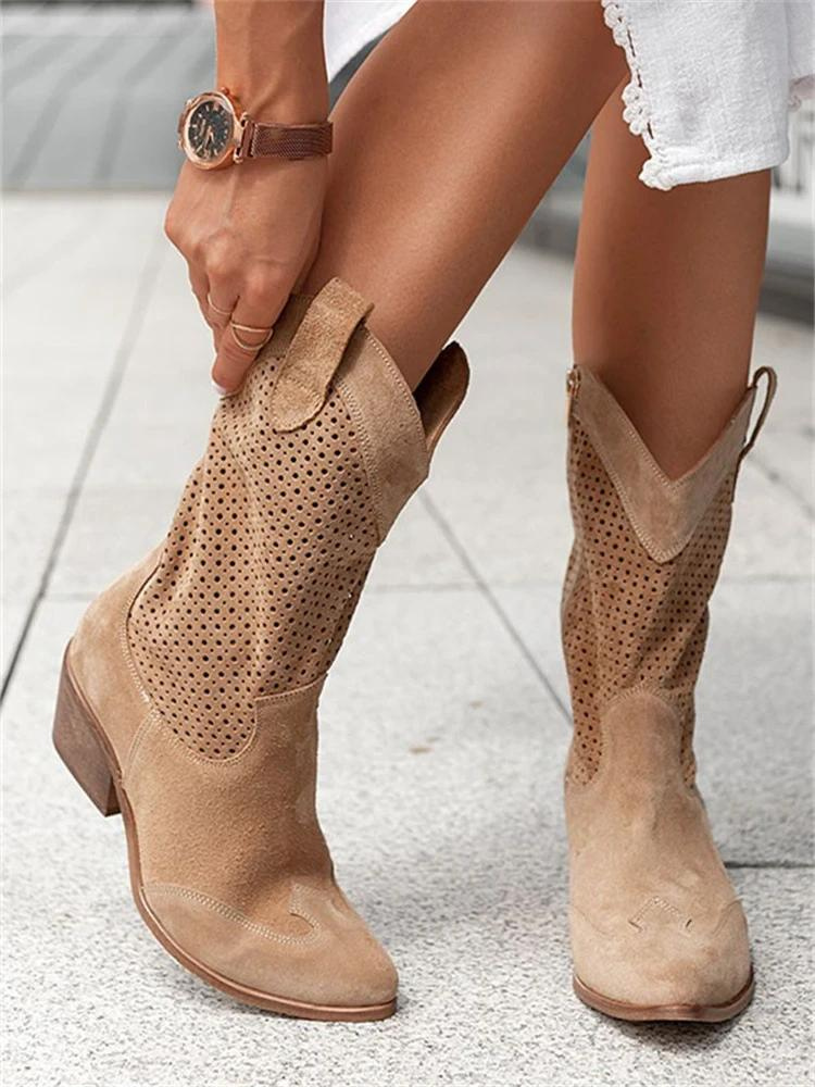 Women's Suede Leather Cowboy Boots Block Heel – Western Perforated