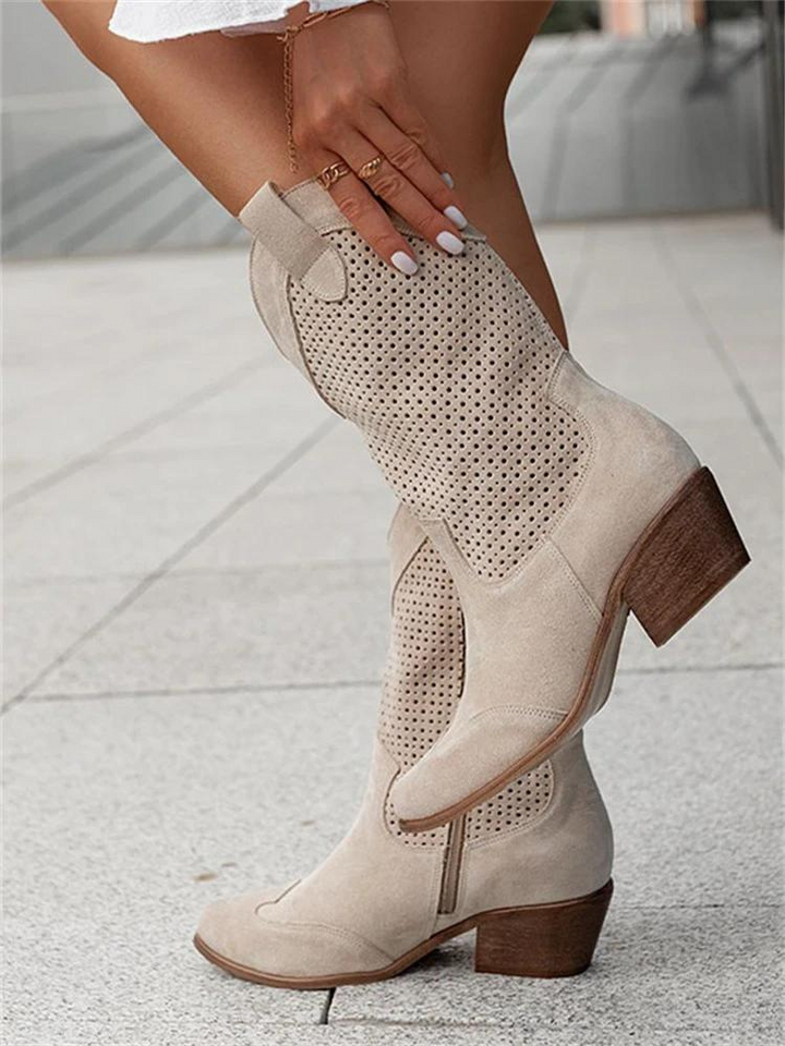 Women's Suede Leather Cowboy Boots Block Heel – Western Perforated