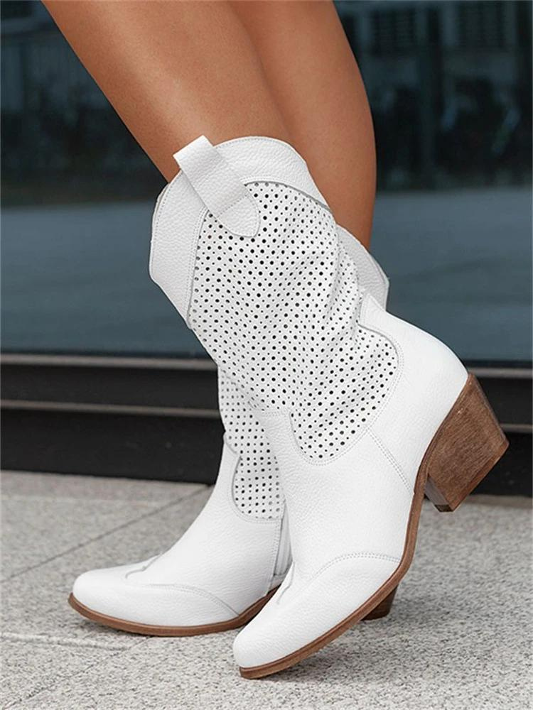 Women's Suede Leather Cowboy Boots Block Heel – Western Perforated