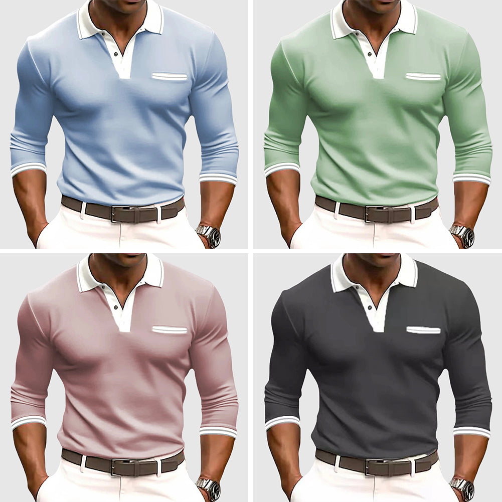 Men's Long Sleeve Shirt – Contrast Trim Collar Cuffs and Chest Pocket