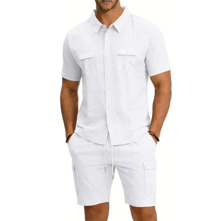 Men's Linen Short Sleeve Shirt and Shorts – Drawstring Waist Pockets