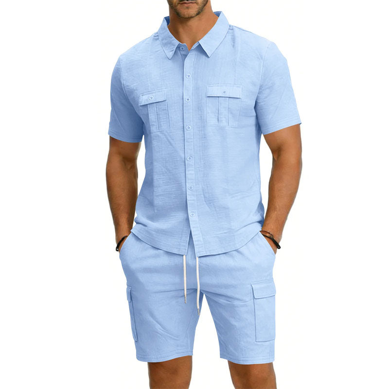 Men's Linen Short Sleeve Shirt and Shorts – Drawstring Waist Pockets